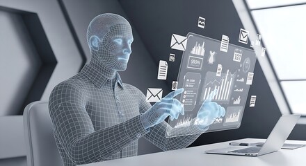 A businessman uses a transparent holographic screen displaying financial data and charts while working at a desk with a laptop