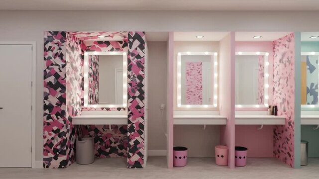 View of a row of colorful makeup stations with lighted mirrors and patterned walls in a bright room