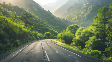 Curved Highway Surrounded by Lush Hills