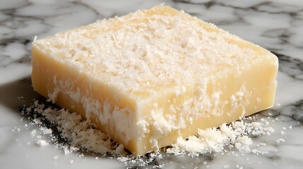 Naklejka premium Block of cheese with grated topping on marble.