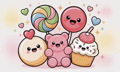 Obraz premium Adorable gummy bear with lollipops, cupcake, and cookie; sweet kawaii treats.