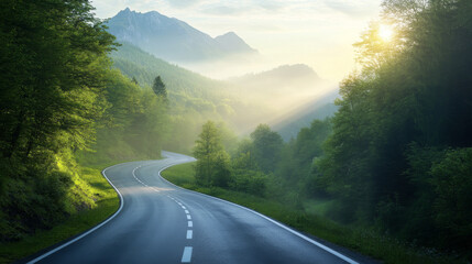 Winding Mountain Road Through Green Forest

