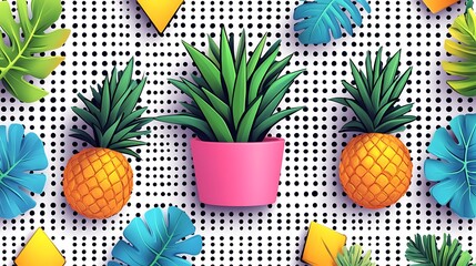 Vibrant tropical pattern with pineapples, plants, and leaves.