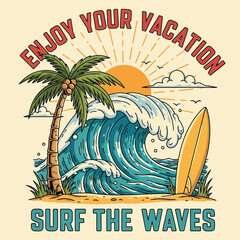 Enjoy Your Vacation, a beach themed graphic showcasing a palm tree, surfboard, ocean waves, and sunset, ideal for surf brands, travel logos, and summer designs.