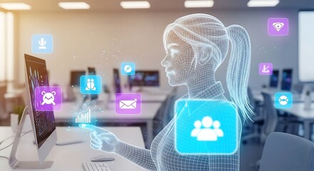 A businesswoman interacts with a futuristic holographic interface displaying various digital icons and data streams in a