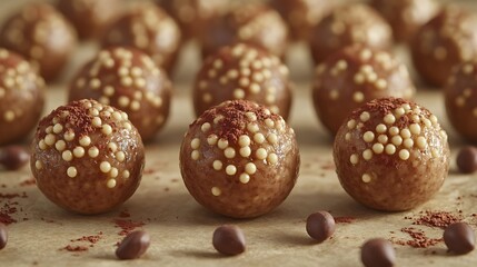 Round chocolate truffles topped with white sprinkles.