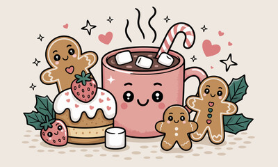 Festive illustration featuring a smiling mug of hot chocolate with gingerbread men and a cake.