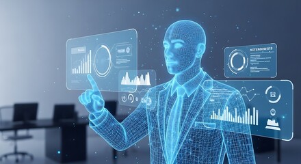 A businessman interacts with a futuristic holographic interface displaying complex data charts and graphs in a modern office