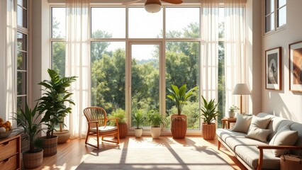 Sunlit Room with View of Lush Greenery

