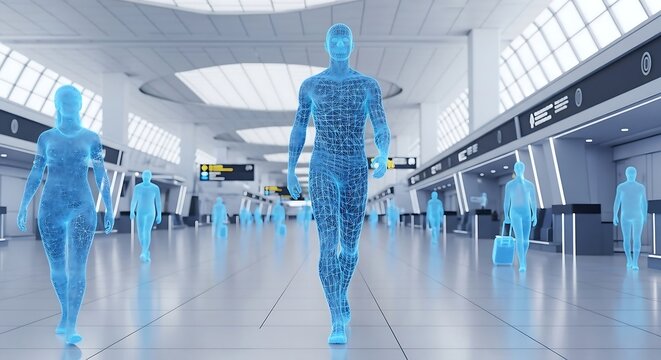 Several translucent blue digital human wireframes walk through a bright modern airport terminal representing the future of