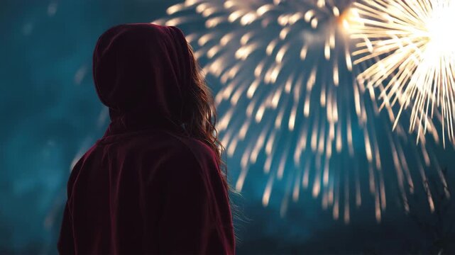 女性がフーディー姿で花火を見上げる夜