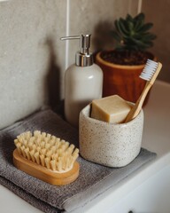 Eco-Friendly Bathroom Essentials on Modern Countertop with Succulent