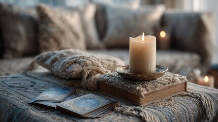 Tarot card reading setup with candlelight mystical cards and ambient tones ideal for spirituality wellness and mystical branding