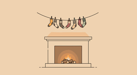 Fireplace with burning wood and christmas stockings hanging above it all