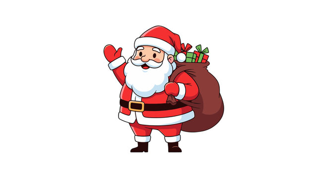 Santa claus waving with a bag full of gifts on a white background day