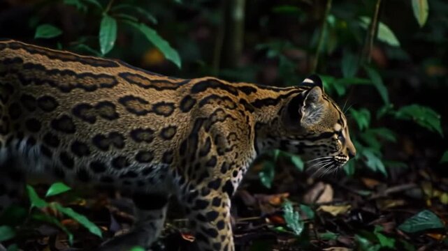 wild leopard walking slowly in green forest area