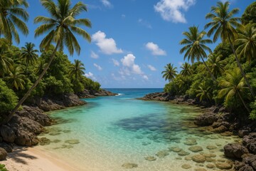 Secluded tropical beach paradise featuring pristine white sand and turquoise waters with dramatic limestone cliffs and lush vegetation backdrop