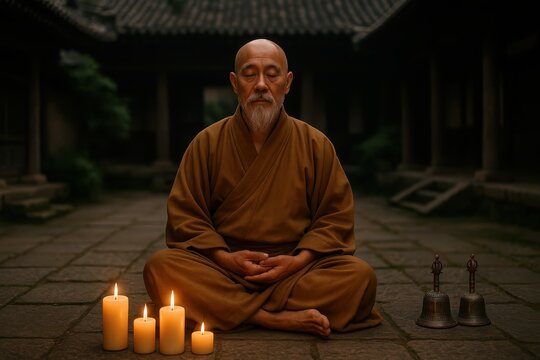 Serene Buddhist monk practicing meditation in peaceful temple garden surrounded by lotus flowers and traditional burning incense creating spiritual atmosphere - Powered by Adobe