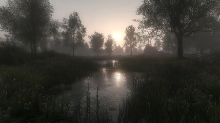 Misty morning landscape with a tranquil stream.