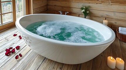 Oval soaking tub with bubbling water and rose petals.