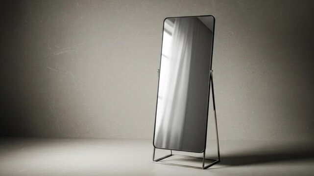 A full length mirror with a thin black frame standing in a room with neutral colored walls and floor