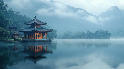 Serene Pagoda on Misty Lake