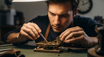 Man Repairing Mechanical Clock with Tweezers, Focused on Small Gears
