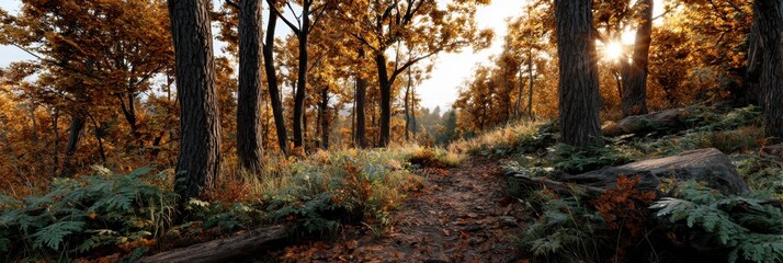 Autumnal Forest Path: Golden Sunlight and Lush Greens