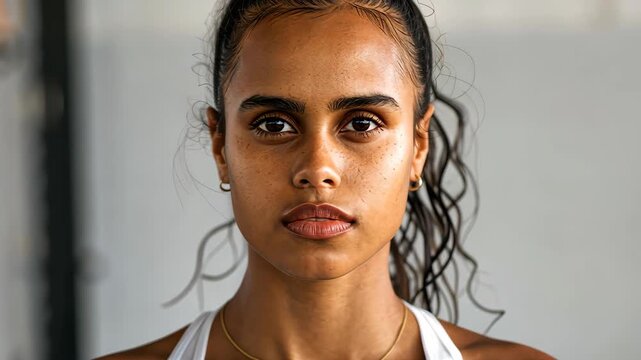 Intense gaze Portrait: A striking portrait of a young woman whose gaze captivates.  A powerful and expressive image that embodies serenity, fortitude, and self-assurance.