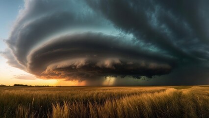 Obraz premium Stunning Digital Rendering of a Storm Cloud Over a Golden Field at Sunset, Highlighting Dynamic Weather