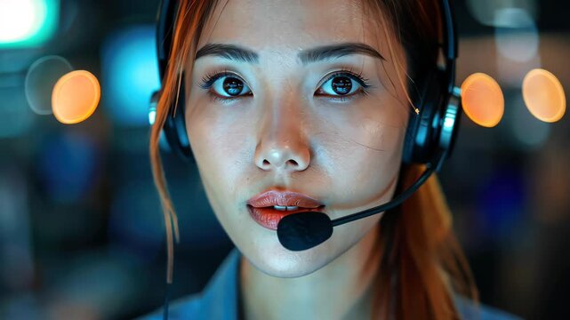 Focused Communication: A close-up shot highlights a focused customer service representative, equipped with a headset, in a modern communication center setting, ready to assist and support.