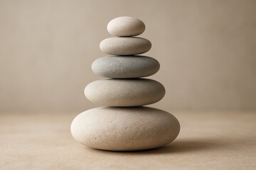 Zen-inspired artistic arrangement featuring carefully balanced natural river stones creating meditative sculpture with soft shadows and minimalist composition