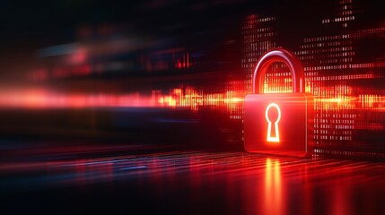 Glowing red padlock on a digital backdrop.