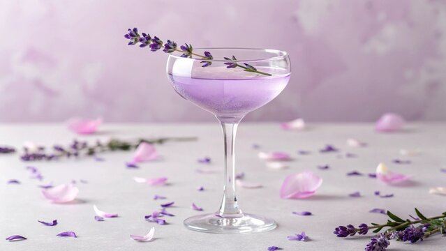 An inviting close-up of a beautiful purple gin sour or a similar floral-infused drink, perfectly presented in a stemmed glass