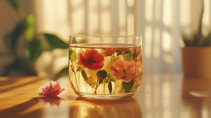 Teacup with flower infusion with warm tones clear liquid and herbal charm ideal for tea rituals and wellness visuals