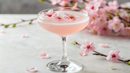 Sakura Inspired Gin or Vodka Martini. This enchanting image showcases a sakura-inspired cocktail, perhaps a gin or vodka martini, with its soft pink hue and real cherry blossom garnishes
