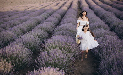 Mother and daughter walking in a lavender field holding a wicker basket