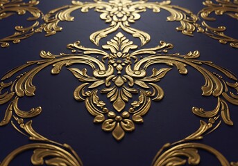 Ornate gold damask pattern on dark blue background