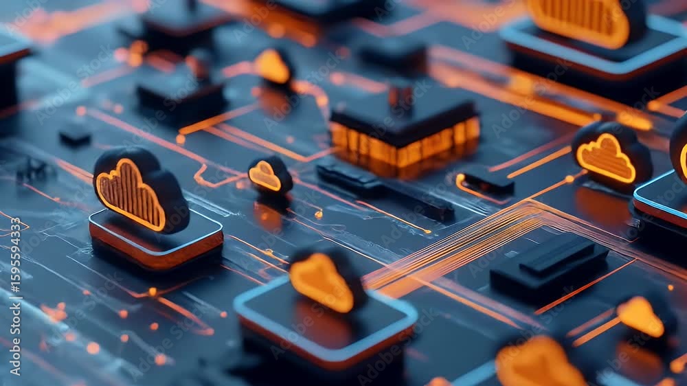 Wall mural abstract illustration of a digital circuit board design with glowing cloud symbols and a blurred bac