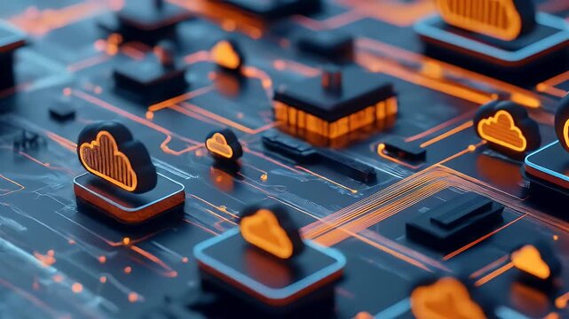 Abstract illustration of a digital circuit board design with glowing cloud symbols and a blurred background showcasing network data processing - Powered by Adobe