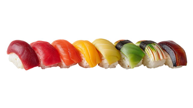 Assorted Nigiri Sushi Pieces in a Row on Transparent Background