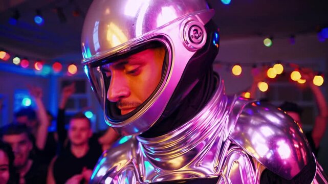 Urban Raffaele Dancing in Shimmering Attire at Lively Party Festive Nightlife Moment.