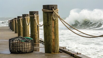 Obraz premium Powerful ocean waves crash against a sturdy wooden pier lined with robust bollards connected by thick rope, creating a dramatic and dynamic coastal scene