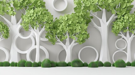 Fototapeta premium Abstract decorative wall scene with stylized trees and circles.