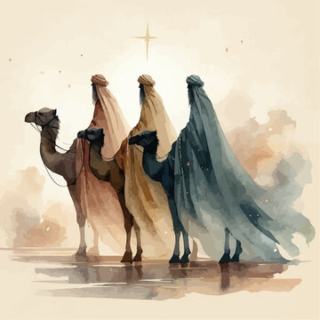 The three wise men as they follow the star of Jesus Christ 
