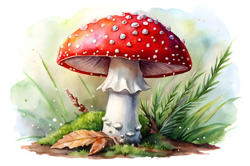 Red-Spotted Fly Agaric Mushroom in Grass with Leaf and Fern Detail
