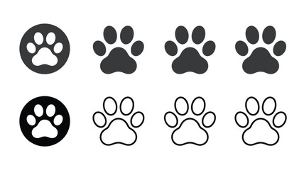 Fototapeta premium Set of black cat and dog paw print icons, a cute animal illustration with heart symbols for pet love design