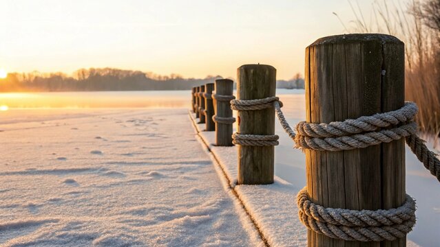 Early morning light illuminates a picturesque winter scene, featuring a snow-covered pier with sturdy wooden posts and wrapped ropes