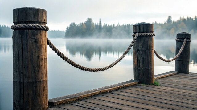 Misty morning view from a rustic wooden pier, lined with sturdy posts and rope railings, overlooking a tranquil lake with a fog-shrouded forest in the distance.