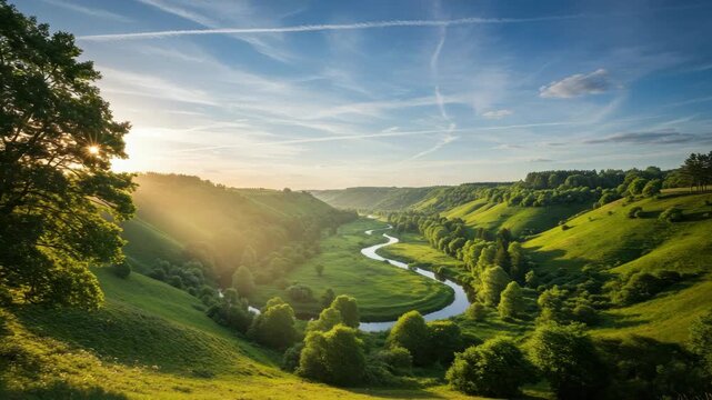 Scenic river valley at sunrise